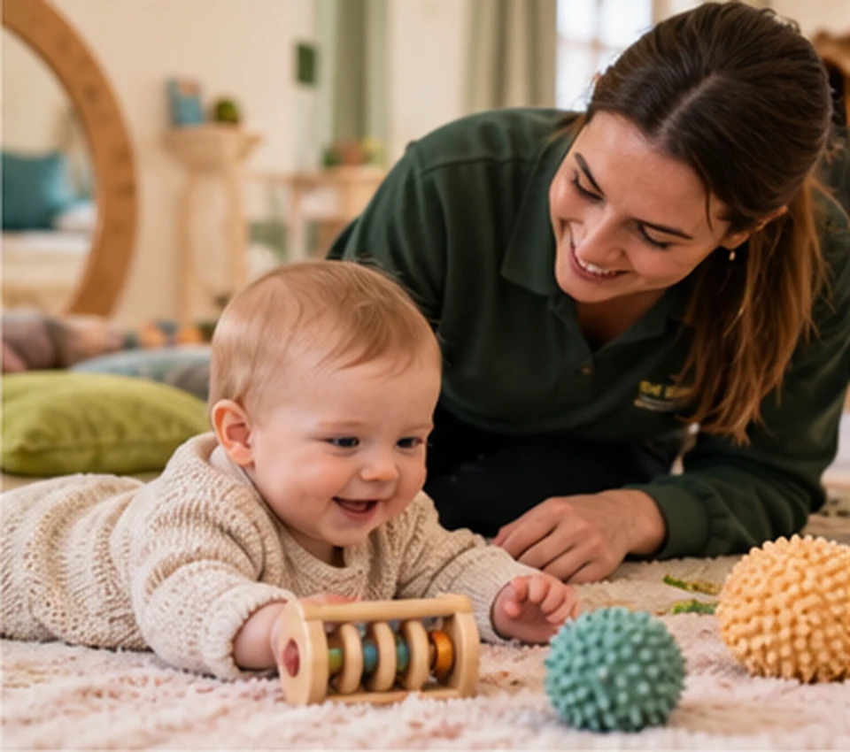 Illustrative baby learning through sensory play with a practitioner