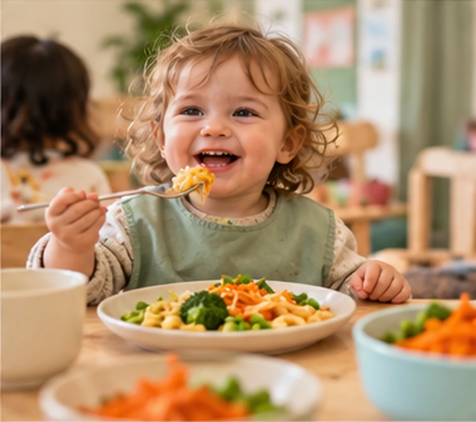 Illustrative child enjoying a healthy pasta and vegetable lunch