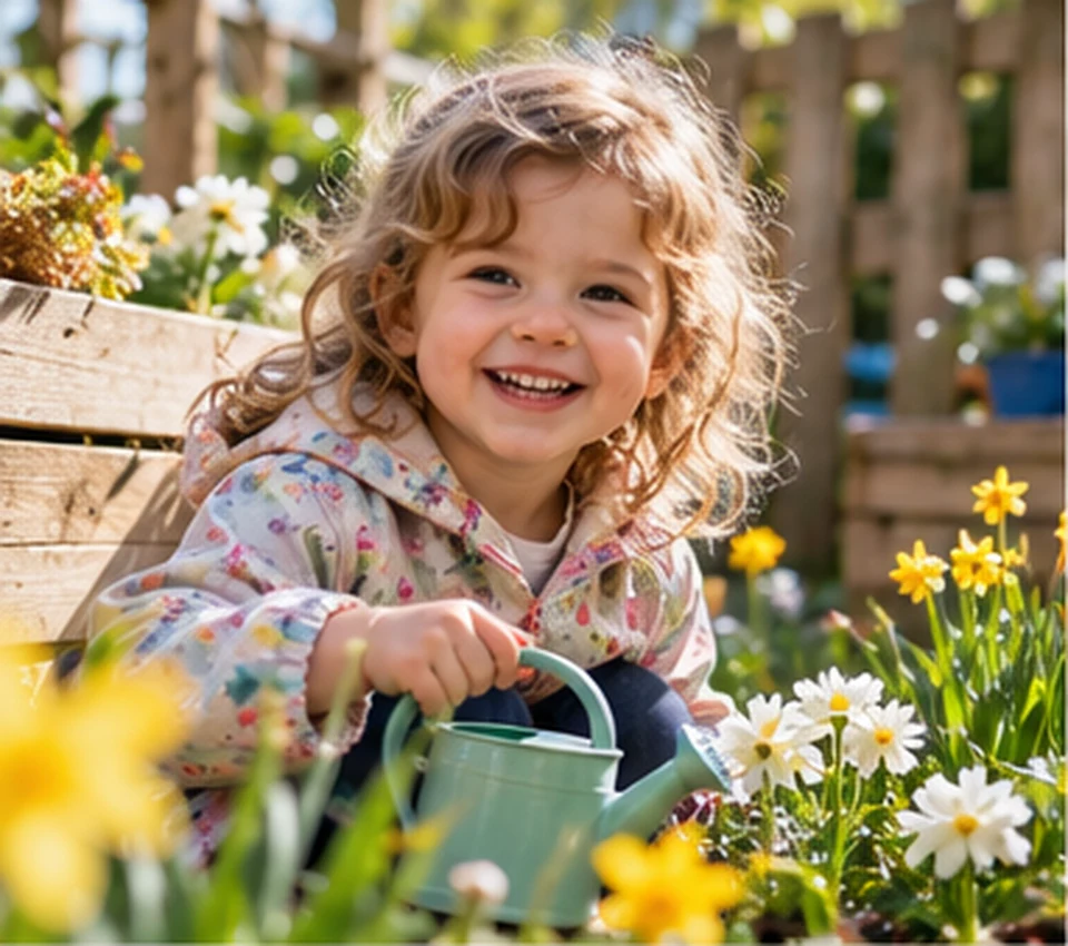 Illustrative nursery child enjoying flowers in the garden