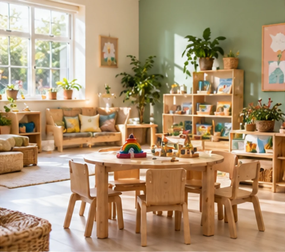 Illustrative warm, nature-inspired nursery classroom