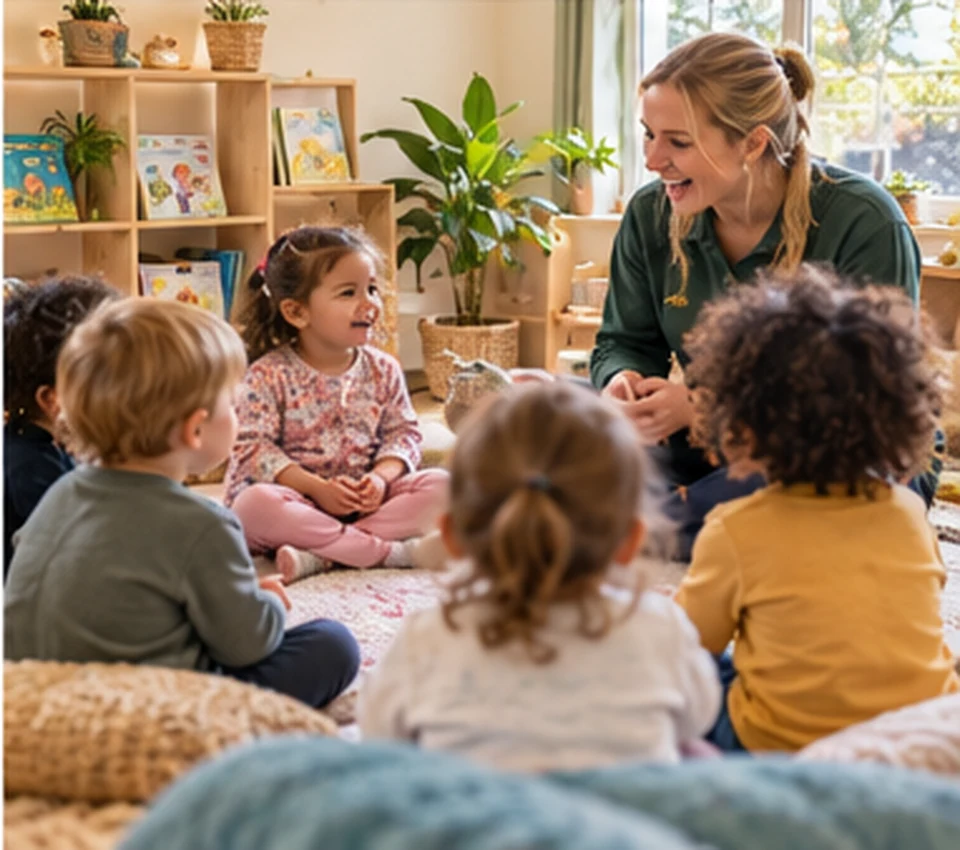 Illustrative nursery practitioner spending time with a small group of children