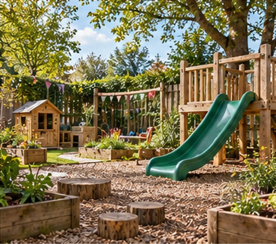 Illustrative nursery playground with garden and slide