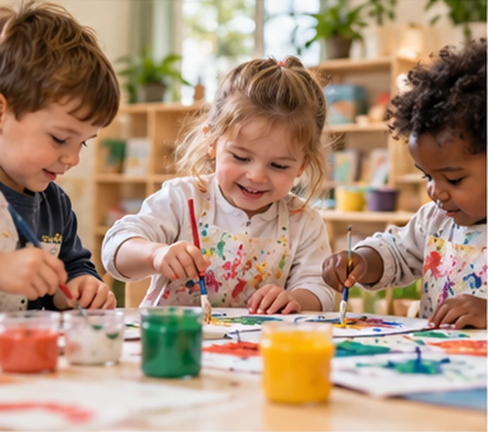 Illustrative preschool children painting and making art