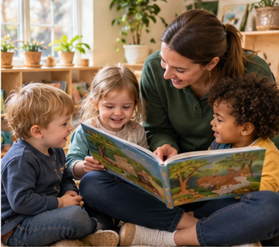 Illustrative early years practitioner reading with children