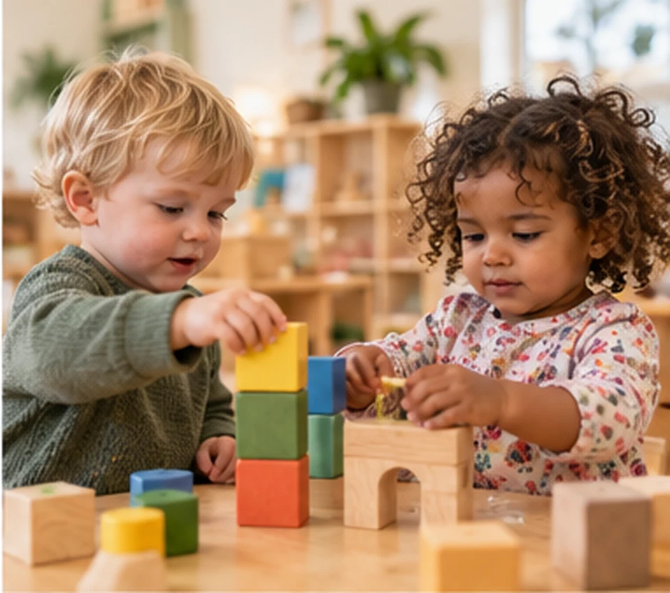 Illustrative toddlers building with blocks